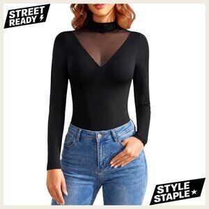 Long Sleeve Mock Turtleneck Bodysuit Double Lined Stretch Leotard Top